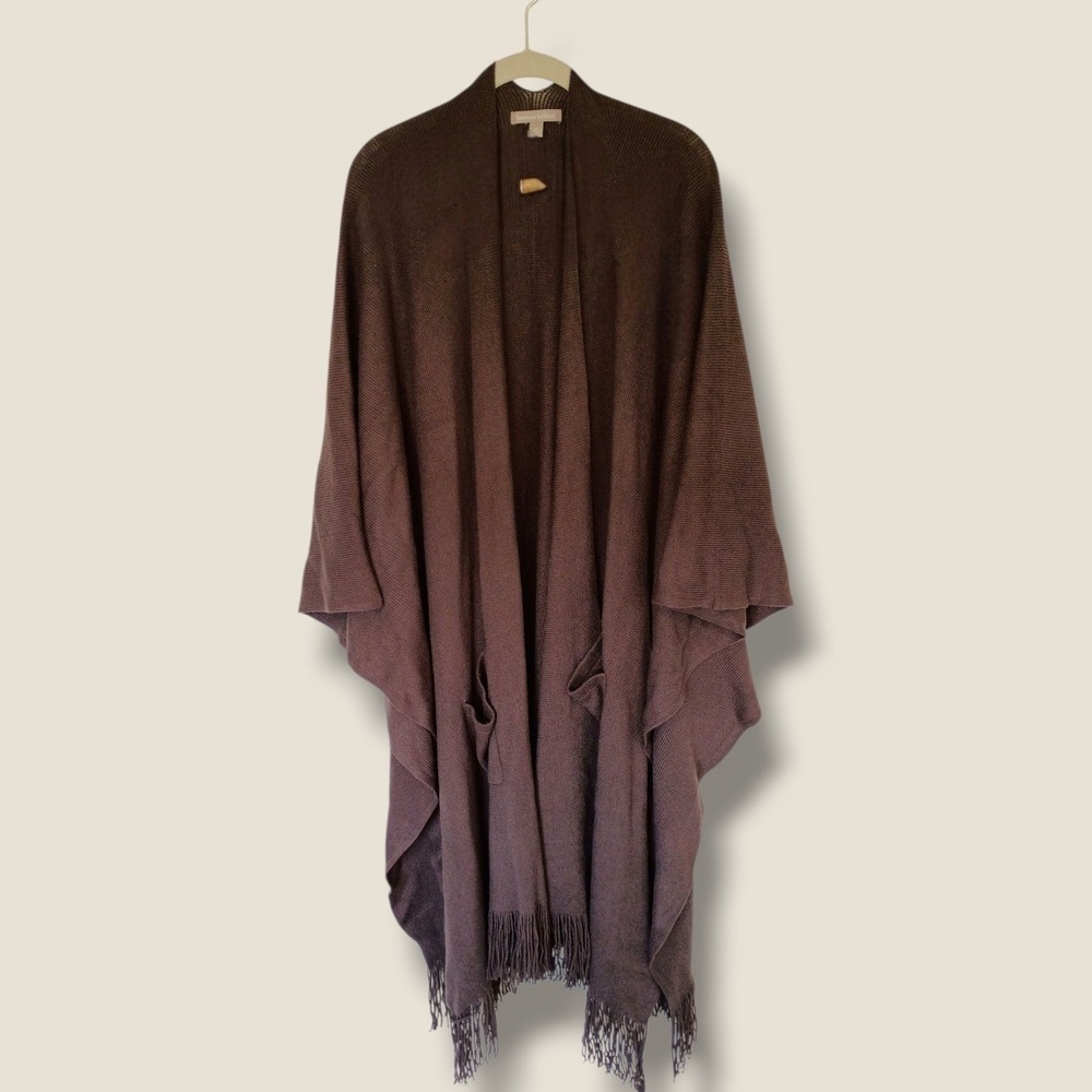 Woman Within Brown Open Front Fringe Hem Poncho Cape Pockets Oversized Cabincore - Picture 2 of 12